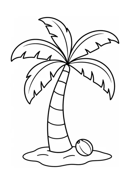 Tropische Palme und gefallene Kokosnuss als einfaches Ausmalbild.