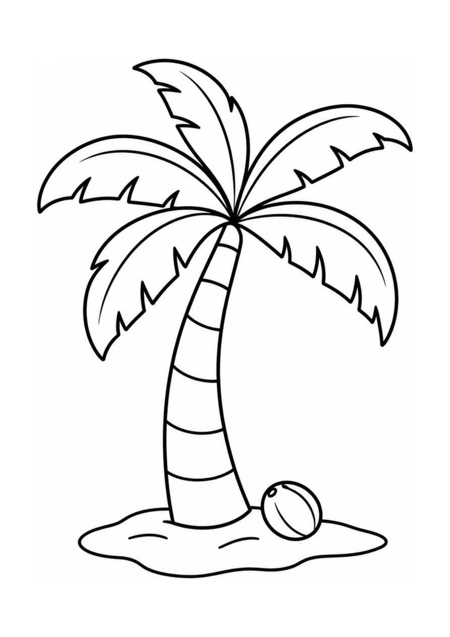 Palmera tropical y coco caído como página para colorear fácil.