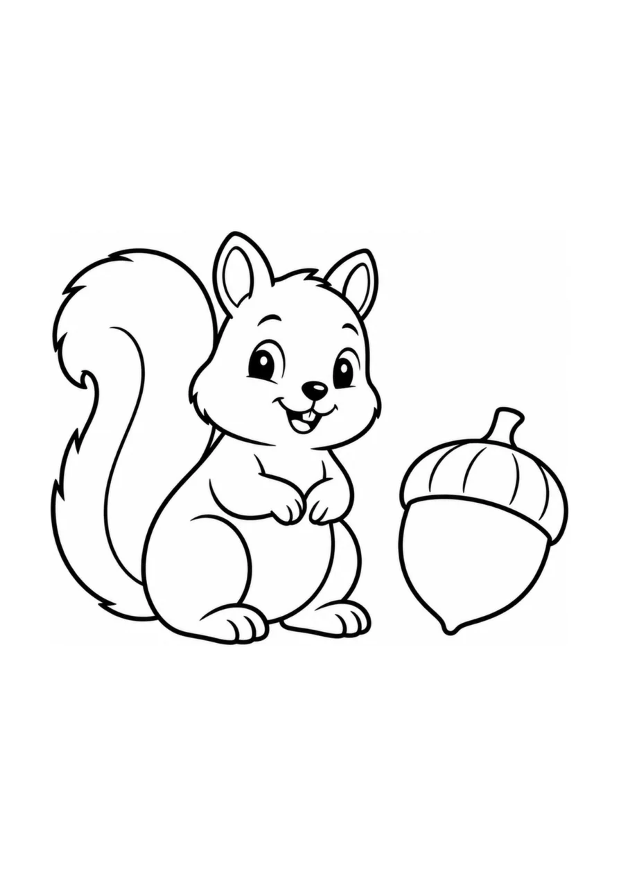 An easy coloring page with one autumn squirrel and one large acorn.