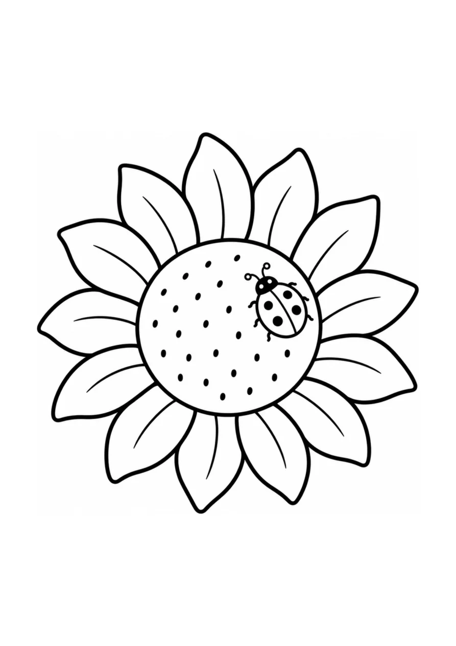 Sonnenblumenblüte und Marienkäfer als einfaches Ausmalbild.