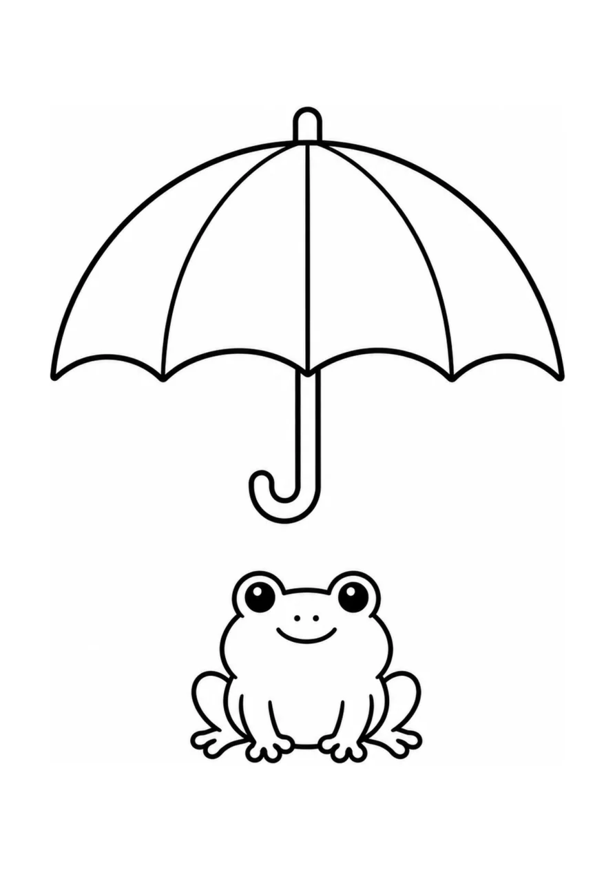 Regenfrosch und Regenschirm als einfaches Ausmalbild.