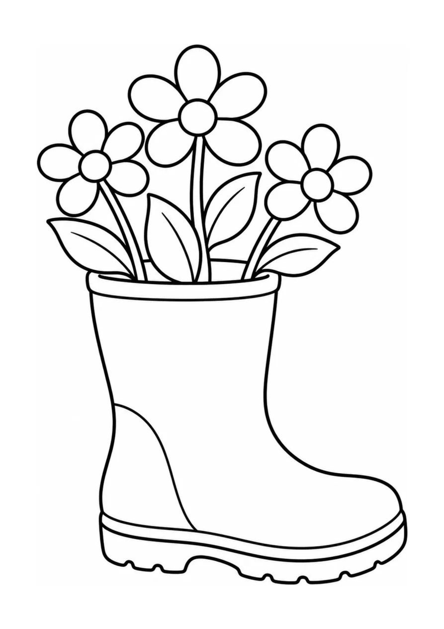 An easy coloring page with one spring rain boot planter.