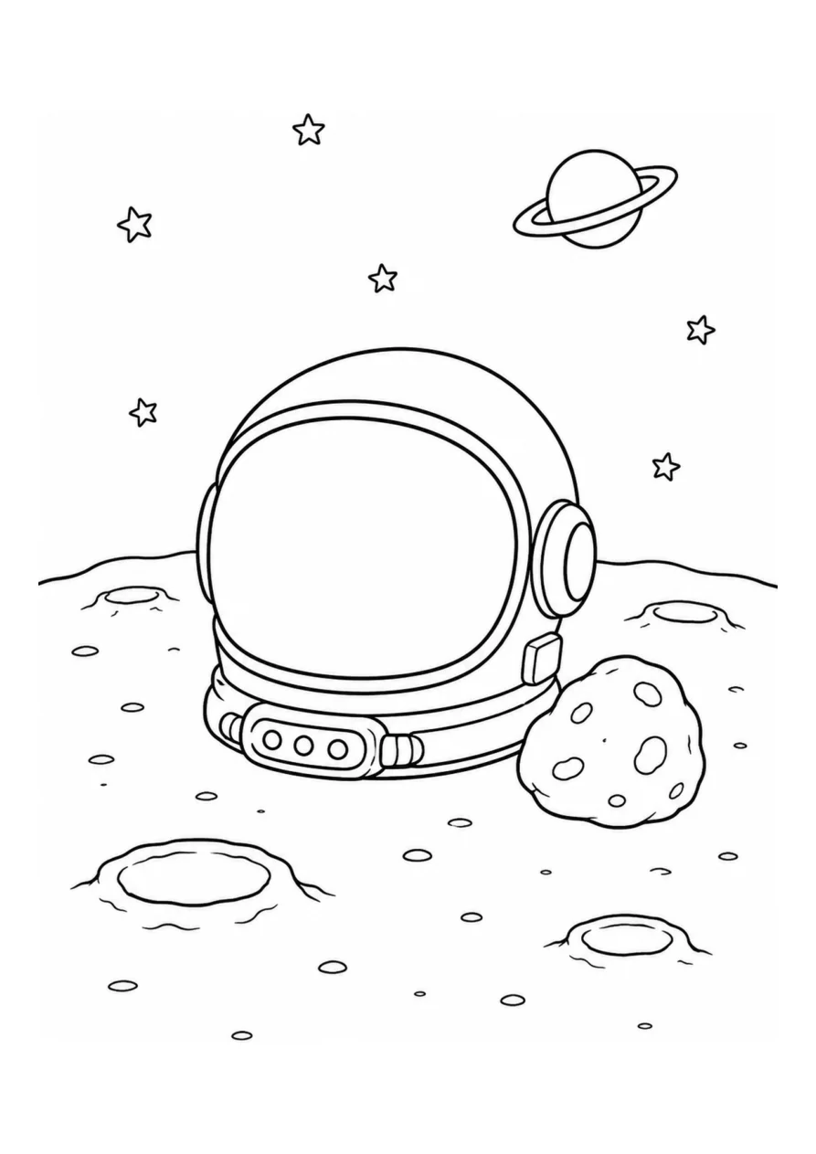 Astronautenhelm en maansteen als eenvoudige kleurplaat.