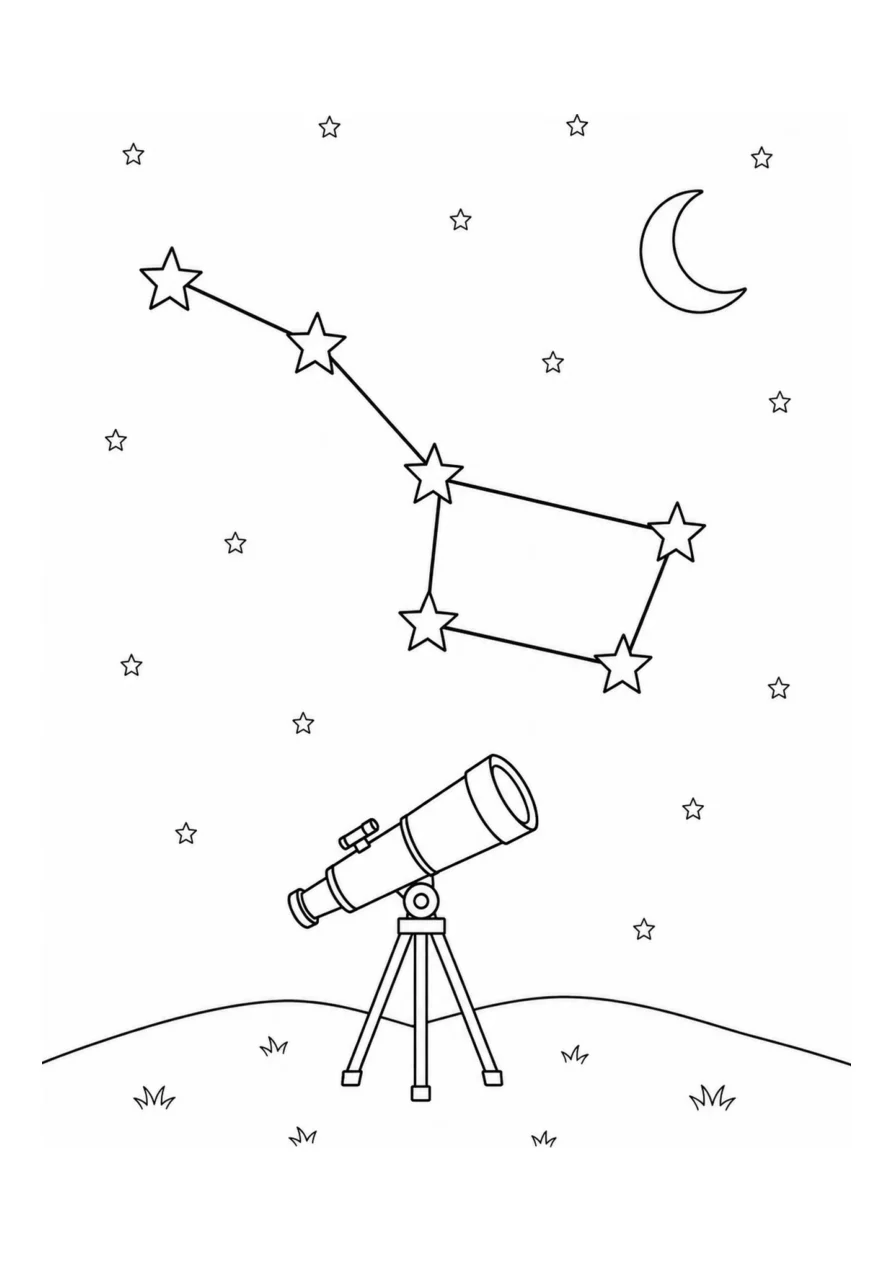 An easy coloring page with one Ursa Major constellation and one small telescope.