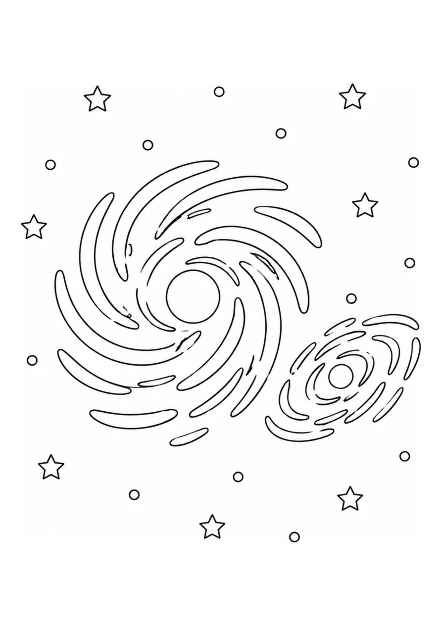 Galassia a spirale e galassia compagna nana come disegno da colorare facile.