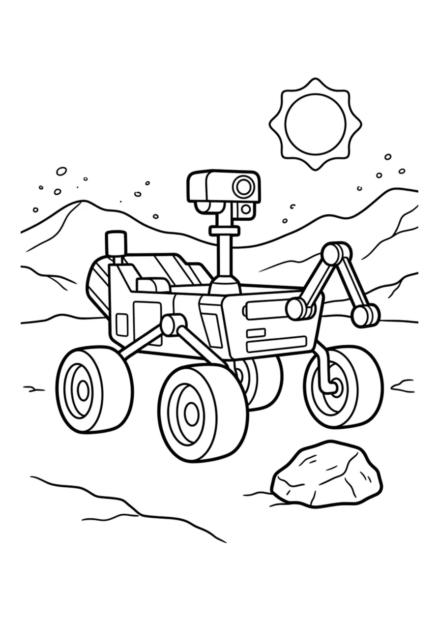 An easy coloring page with one Mars rover and one Martian rock.