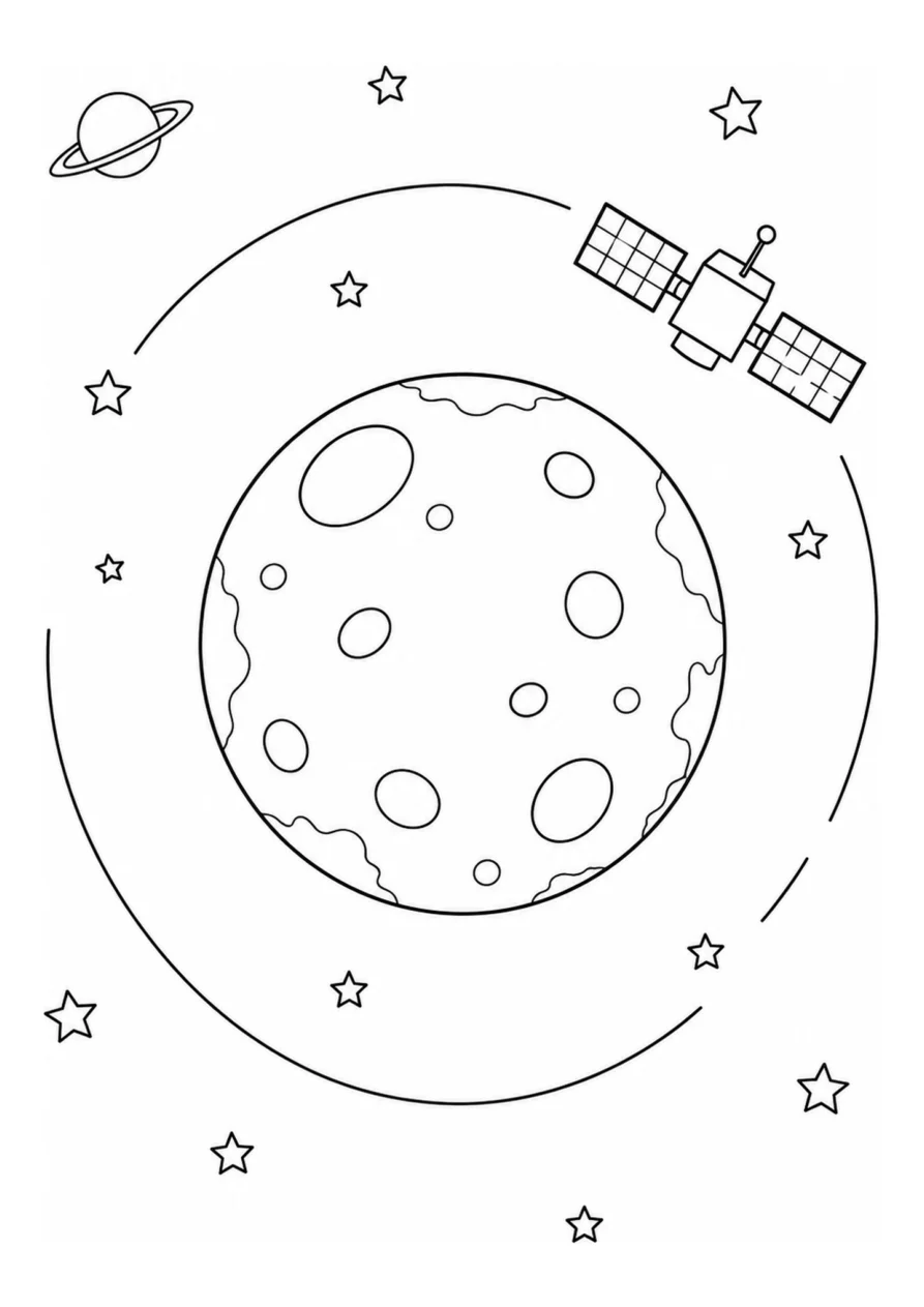 Luna e piccolo satellite artificiale come disegno da colorare facile.