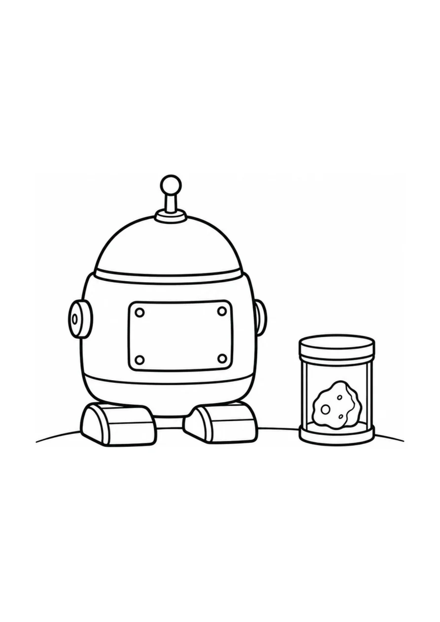 Robot d'exploration spatiale et récipient scellé pour échantillons de roches lunaires, un coloriage facile.