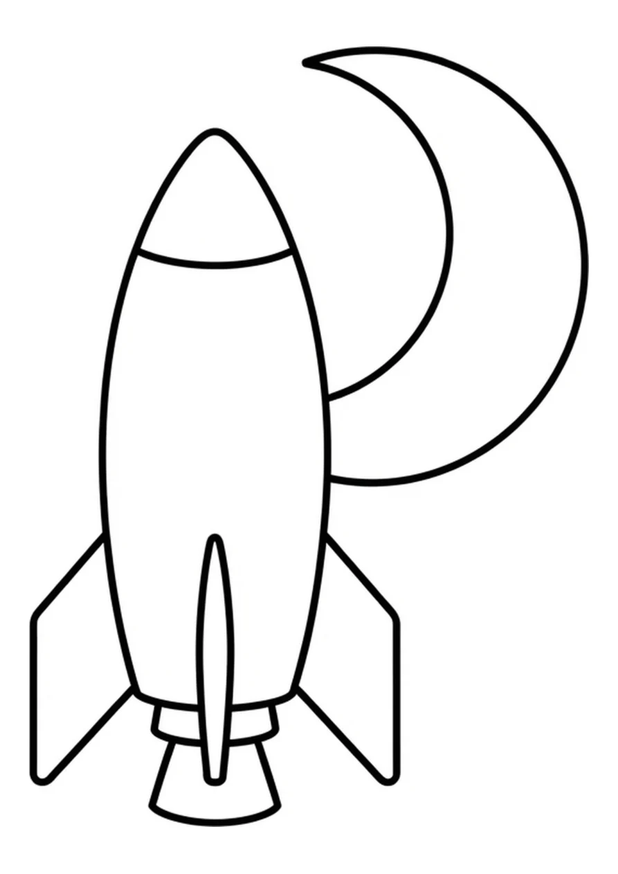 Razzo spaziale e luna crescente come disegno da colorare facile.