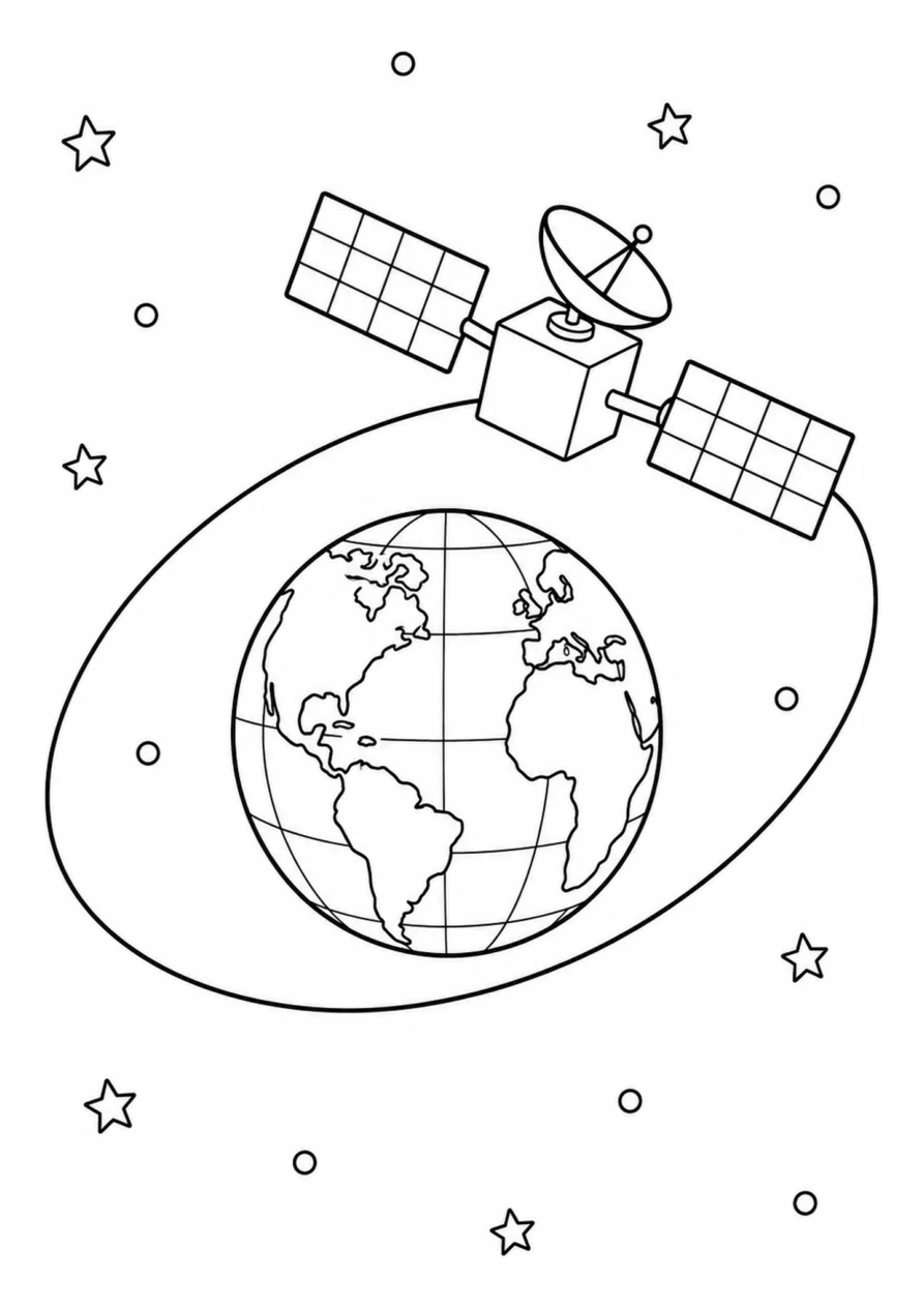 An easy coloring page with one communications satellite and one Earth globe.