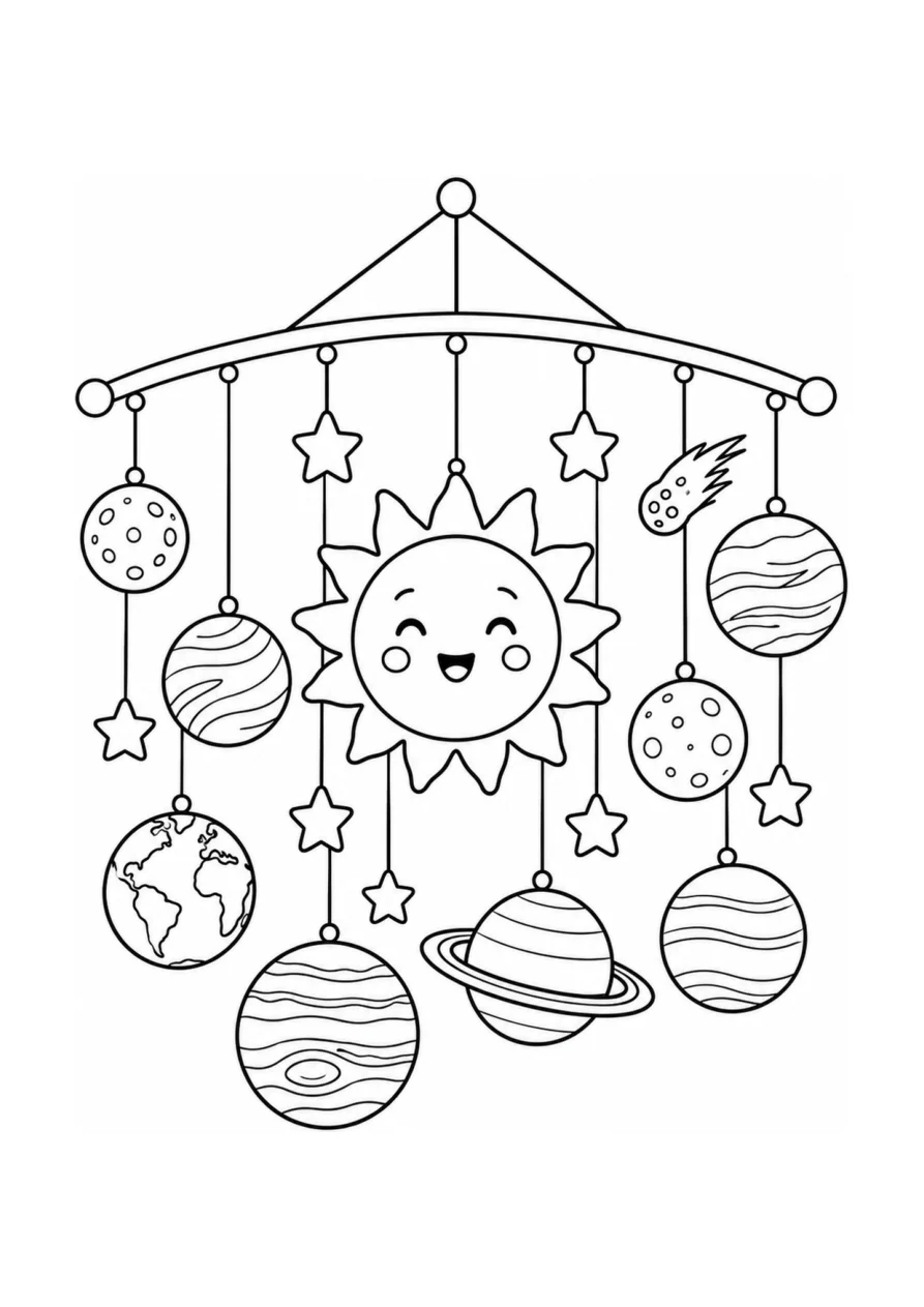 Schwarz-weißes Ausmalbild: Eine aufgehängte Sonne mit acht Planeten und fünf herabhängenden Sternen bildet eine fröhliche Weltraumszene.