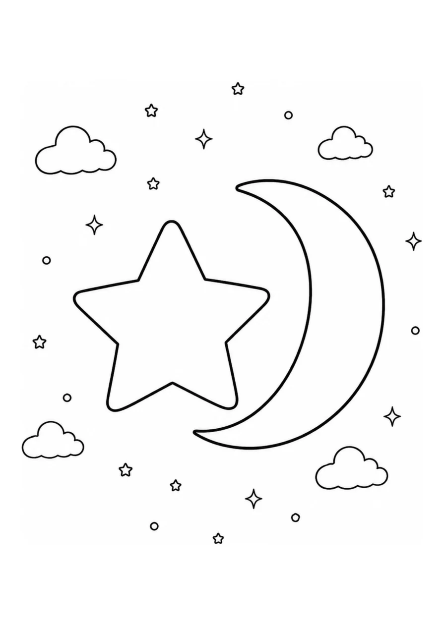 An easy coloring page with one five-point star and one crescent moon.