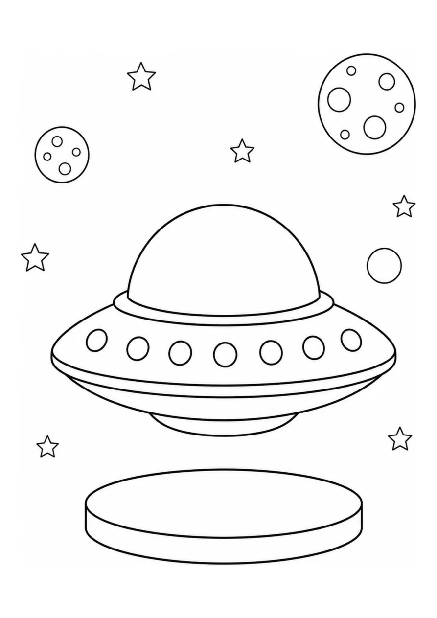 An easy coloring page with one flying saucer UFO and one small landing pad.