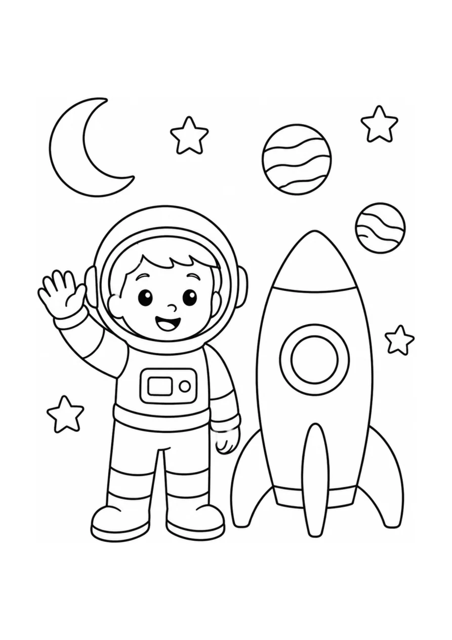 Czarno-biała kolorowanka: Dziecko astronauta i rakieta.
