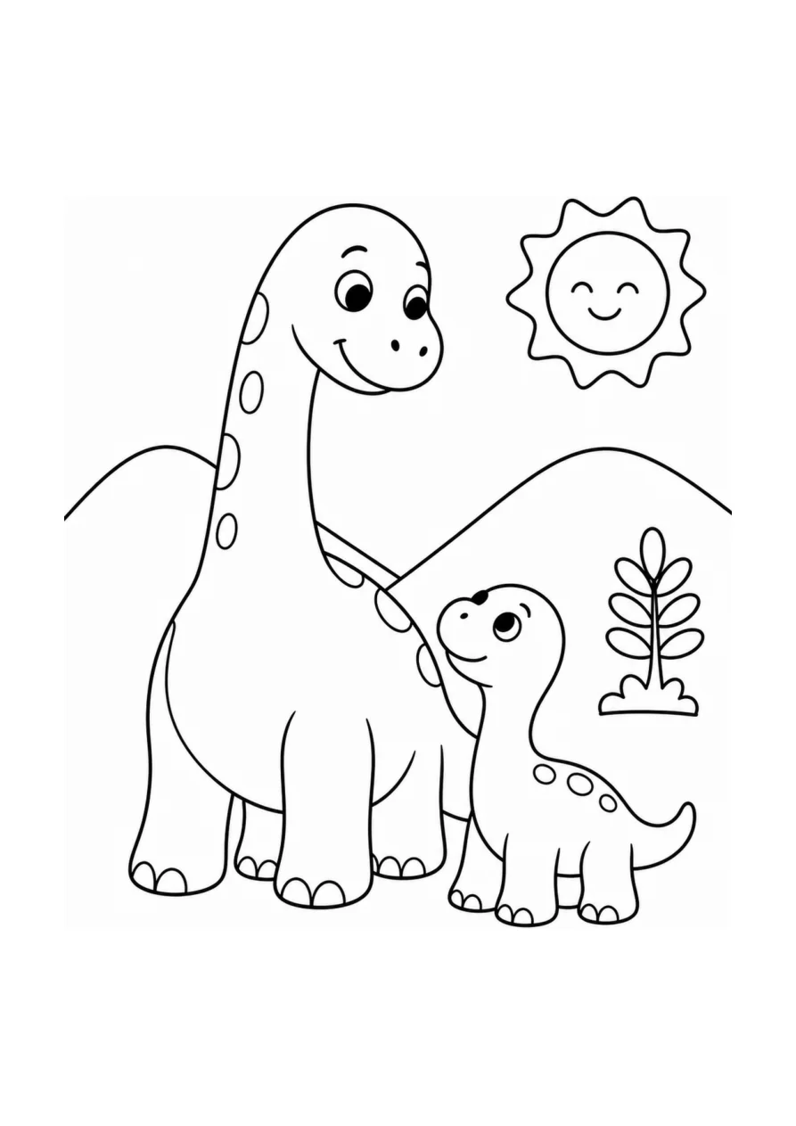 Página para colorear en blanco y negro: Dinosaurio de cuello largo con su bebé.
