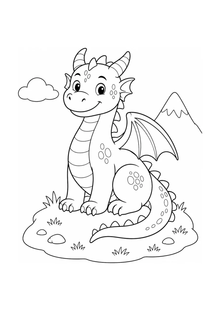Schwarz-Weiß-Ausmalbild: Freundlicher Drache.