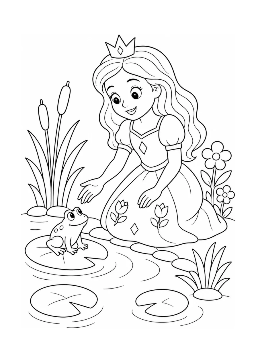 Página para colorear en blanco y negro: Princesa y rana junto al estanque.