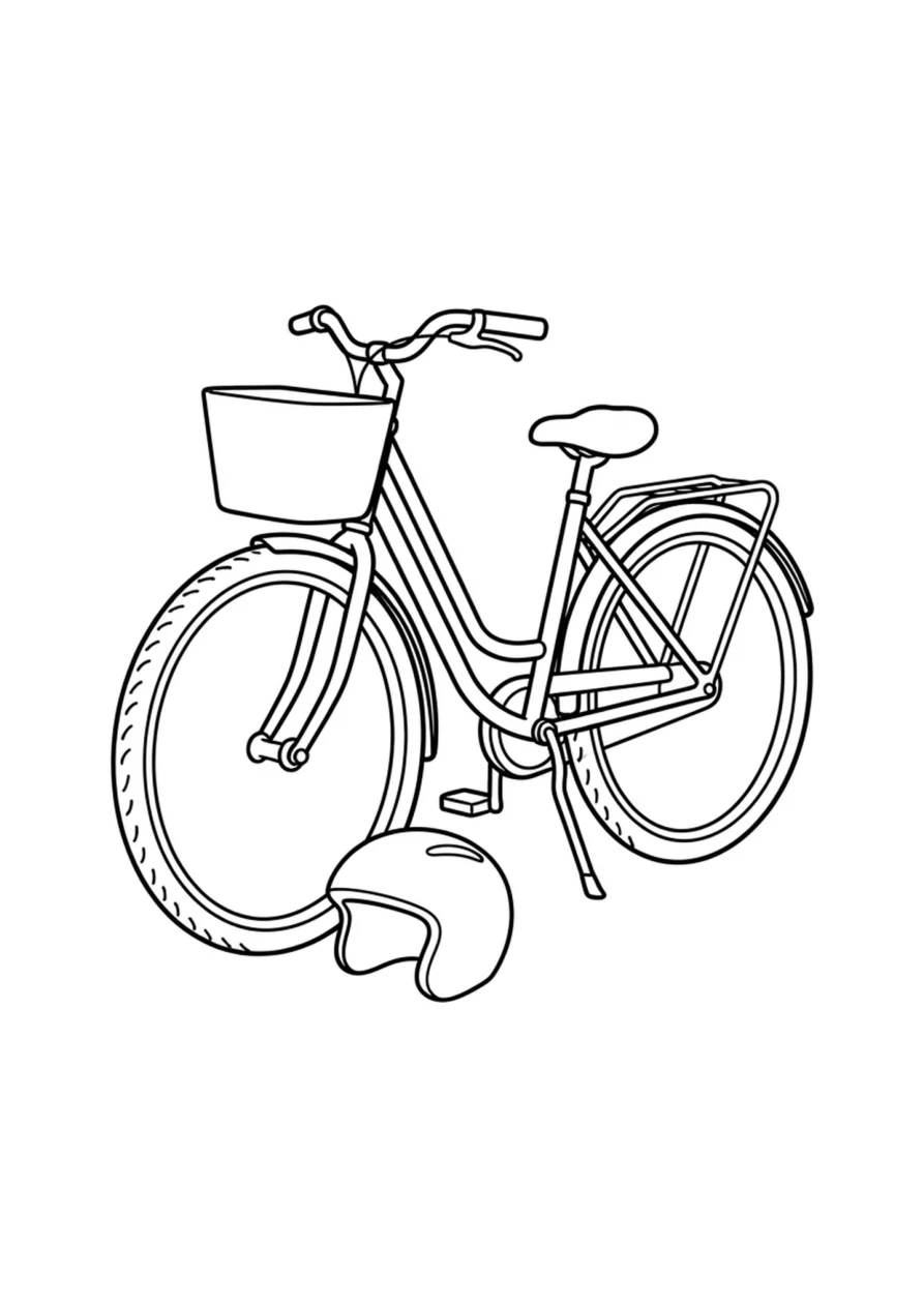 Einfache Linienzeichnung eines Fahrrads neben einem passenden Fahrradhelm