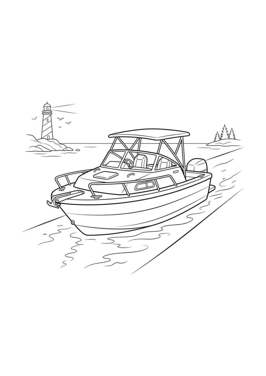 Mehrere Boote an einem diagonal verlaufenden Ufer mit Leuchtturm und kleinem Steg in gegenüberliegenden Ecken
