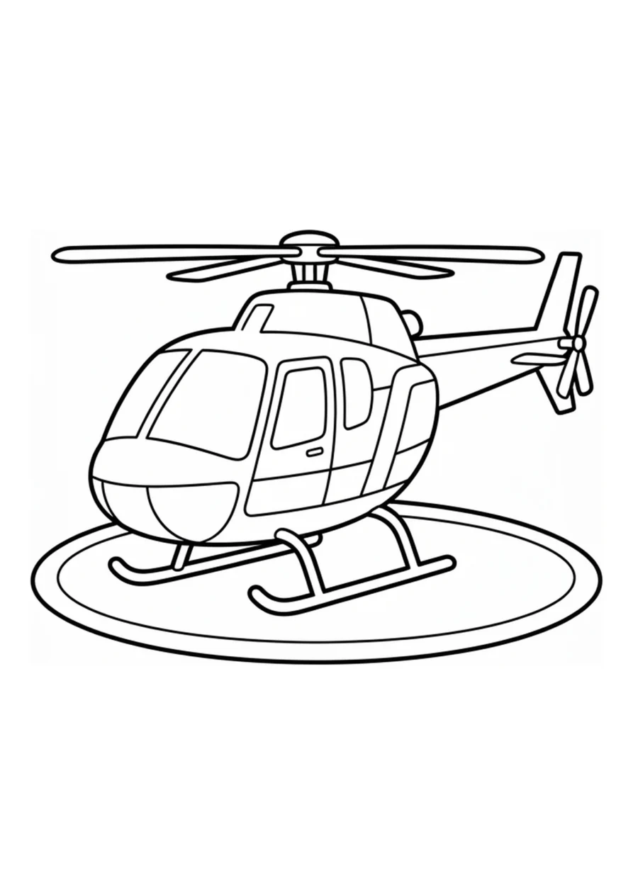 Hubschrauber und Hubschrauberlandeplatz als einfaches Ausmalbild.