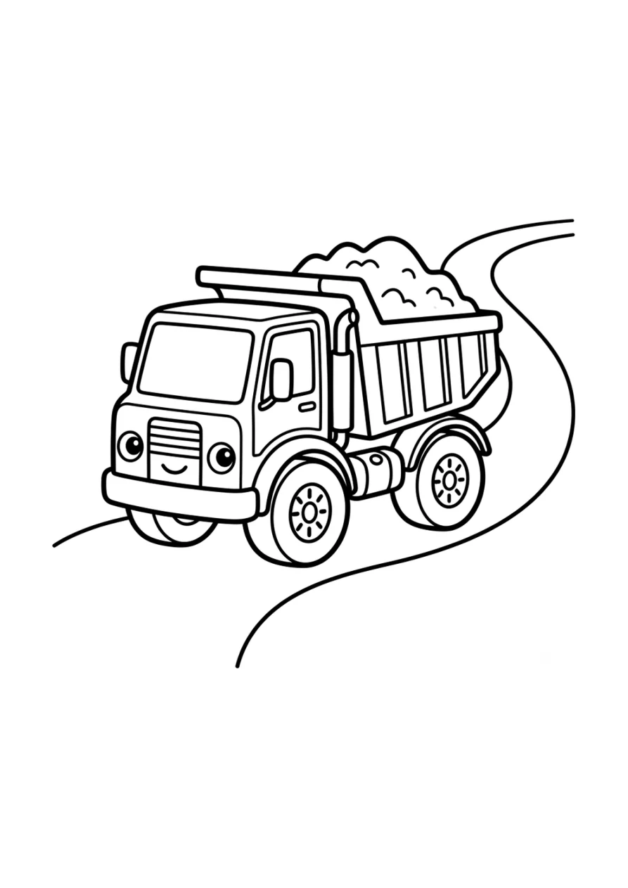 Beberapa truk melaju di jalur berkelok landai dengan garis sederhana dan ramah anak.
