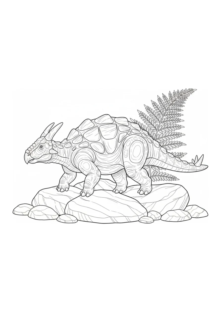 Ausmalbild eines Ankylosaurus, der an mehreren runden Steinen und einem Farnbusch entlangläuft, mit klaren Linien für Kinder zum Ausmalen