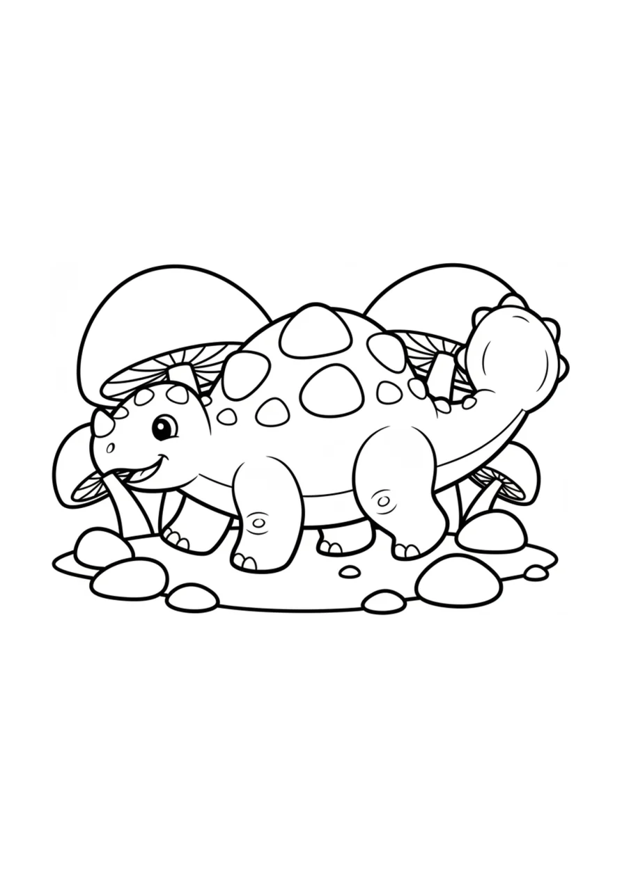 Simple outline drawing of a baby ankylosaurus with a club tail walking past oversized mushrooms and rounded stones, designed for young children to color.