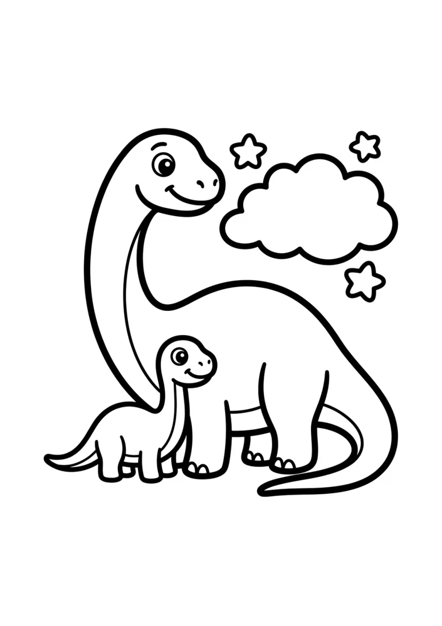 Un bébé apatosaure debout près d’un dinosaure parent plus grand dans un décor préhistorique paisible.