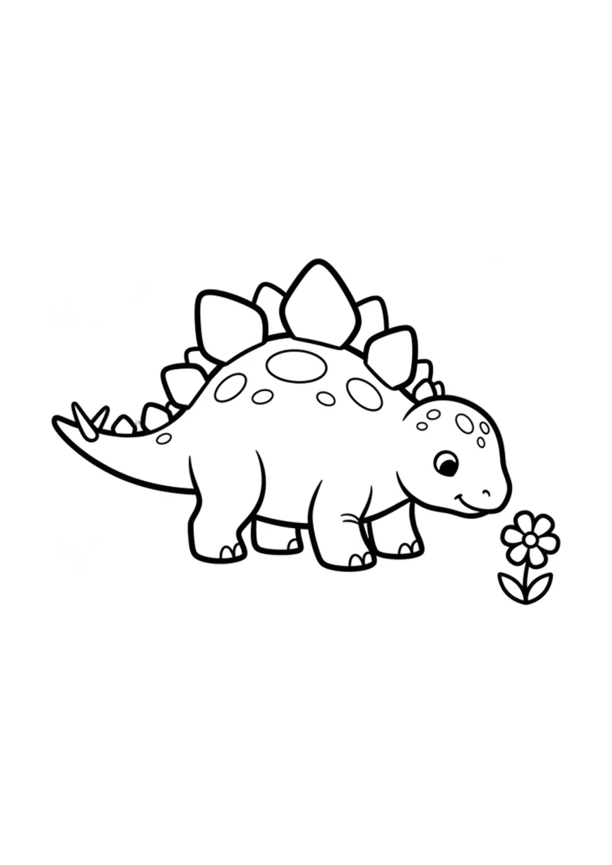 Coloriage représentant un bébé stégosaure qui penche la tête vers une petite fleur poussant sur le sol