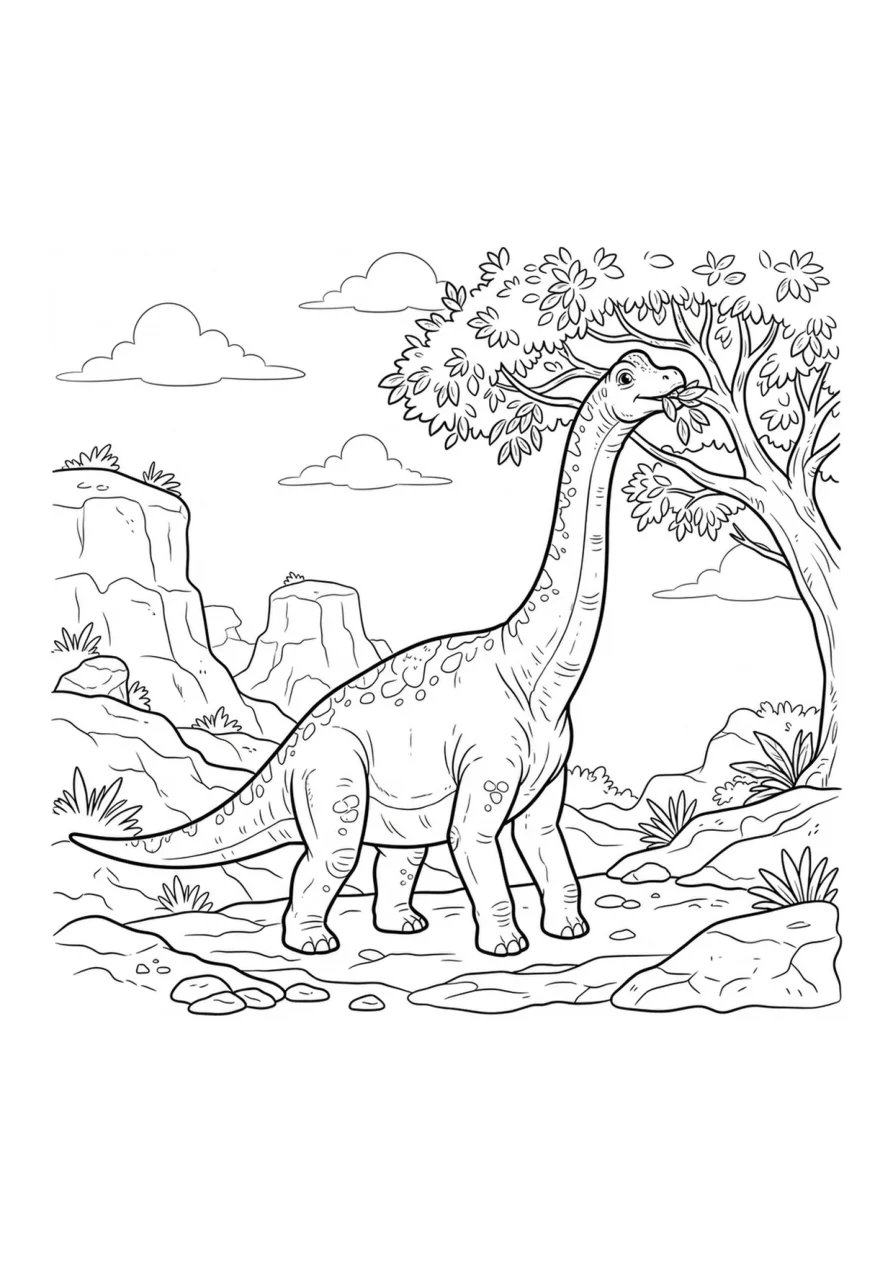 Line art of a brachiosaurus eating leaves beside simple cliffs with open sky above.