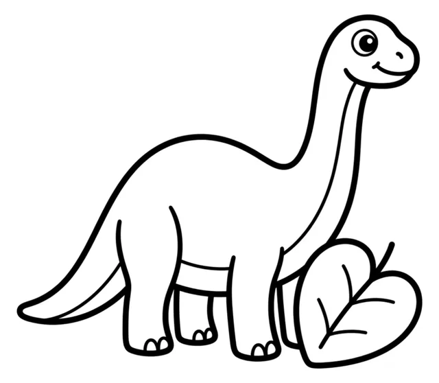 Apatosaurio pequeño y amable con una hoja redondeada muy grande, dibujado con líneas simples para colorear.