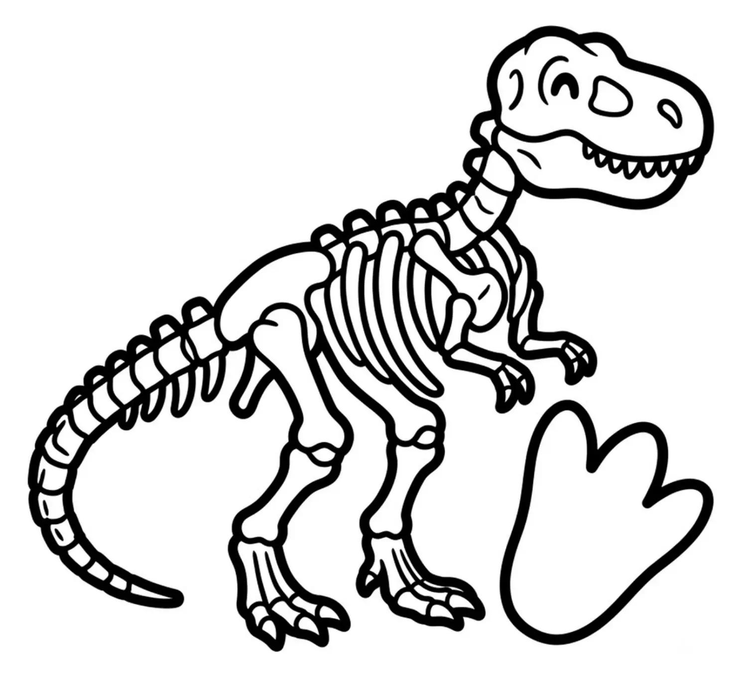 Line art of a T-Rex skeleton standing beside one large simple footprint.