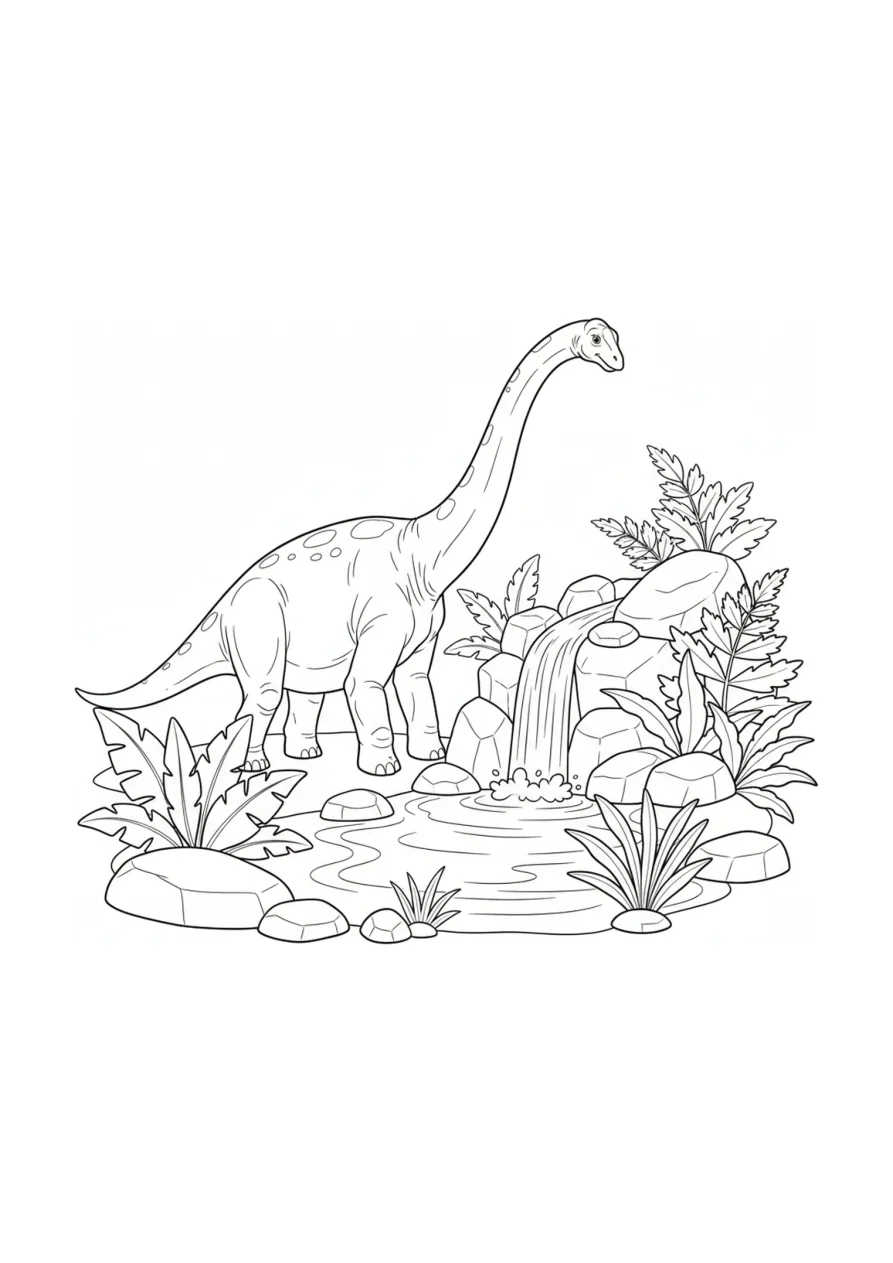 Ausmalbild-Umriss eines sanften Diplodocus neben einem kleinen Wasserfall, mit großen Farnblättern und glatten Steinen, viel Platz zum Ausmalen.