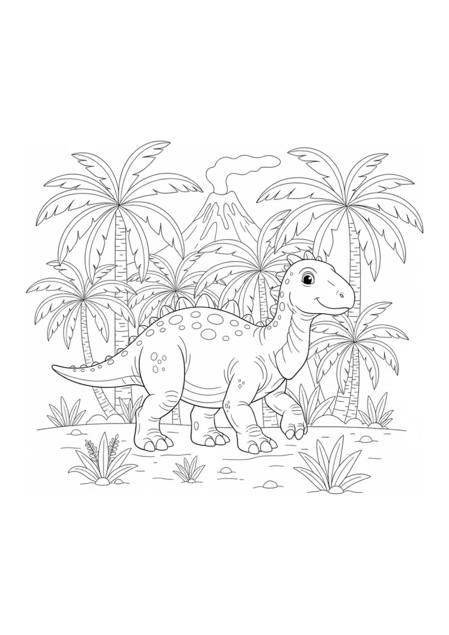 Ausmalbild-Umriss eines Iguanodons, der zwischen großen Palmenblättern läuft, mit einem einfachen Vulkan im Hintergrund.