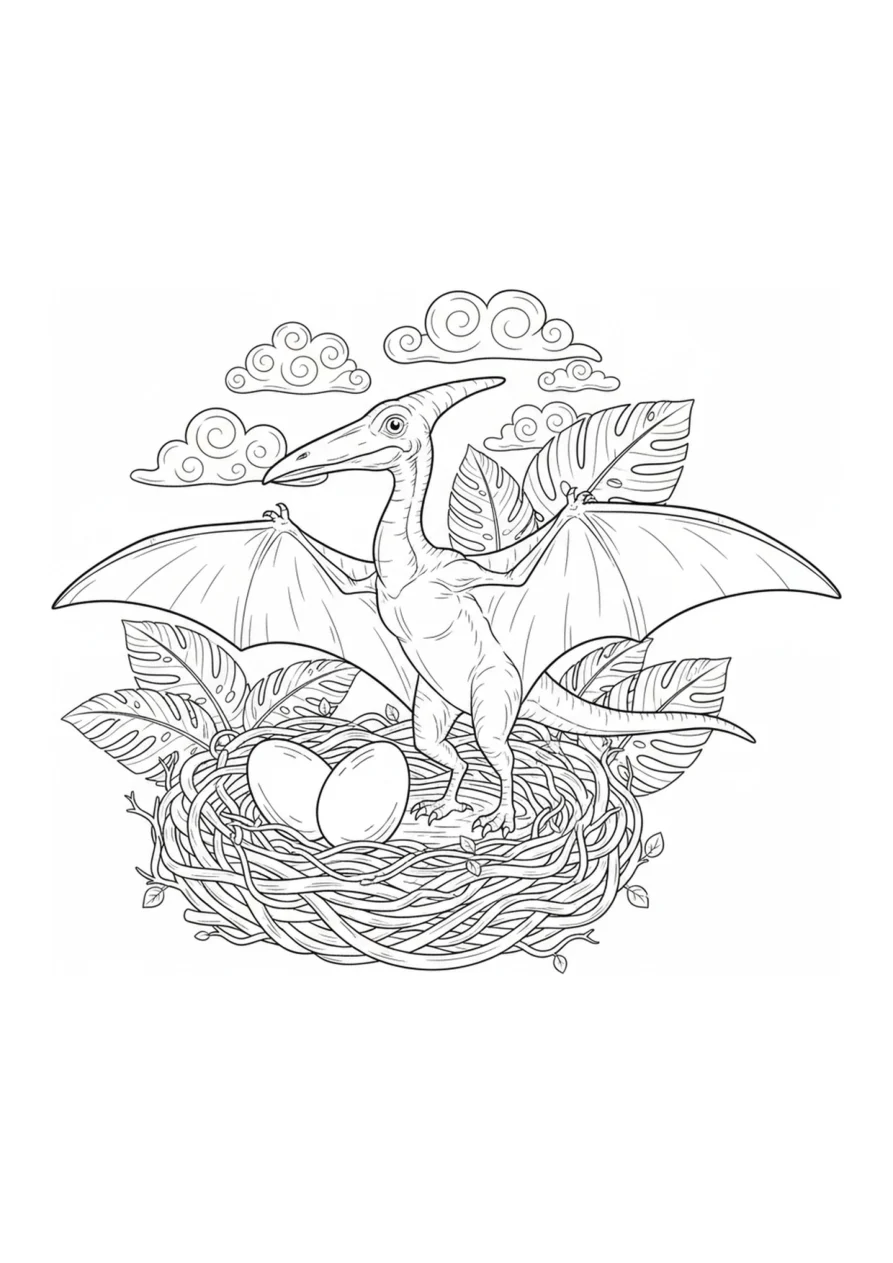 Ausmalbild-Umriss eines Pteranodons, der neben einem runden Nest mit zwei Eiern steht, umgeben von großen Urzeit-Blättern und Wolken.