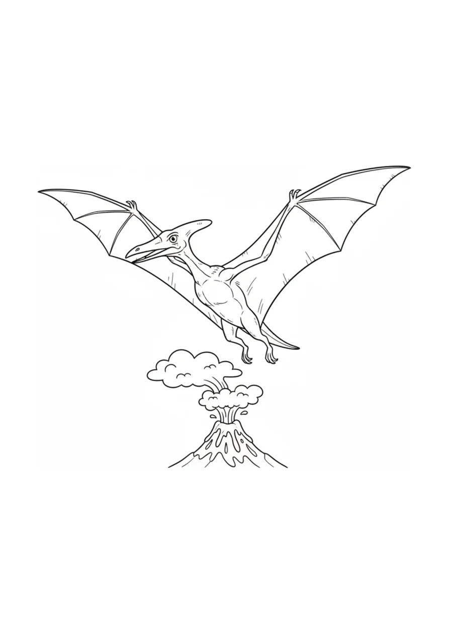 Ausmalbild eines Pterodaktylus im Flug über einem kleinen rauchenden Vulkan und einer runden Wolke, als Linienzeichnung für Kinder