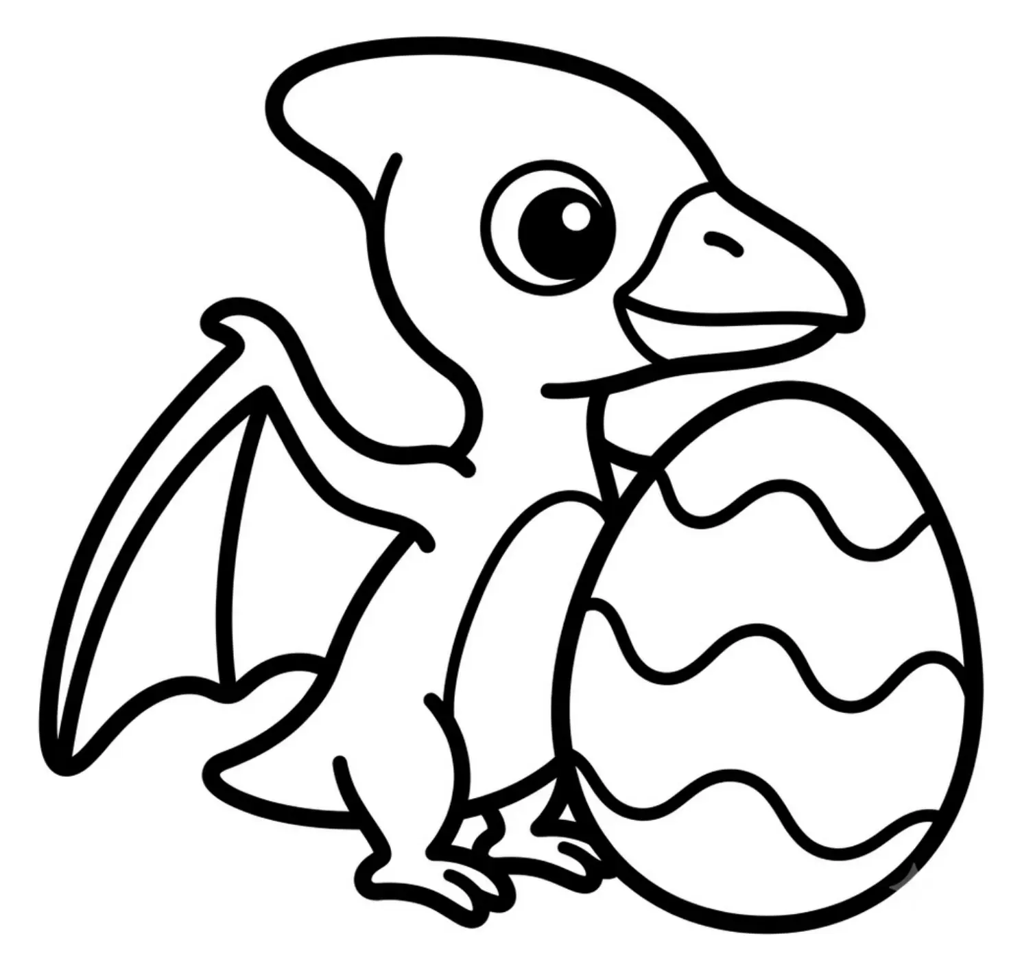 Cute baby pterodactyl sitting next to one large dinosaur egg