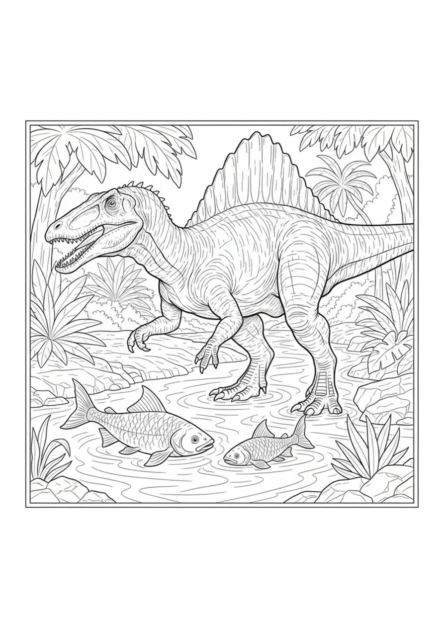 Ausmalbild eines Spinosaurus, der an einem Flussufer steht, während zwei Fische im Wasser vor ihm schwimmen