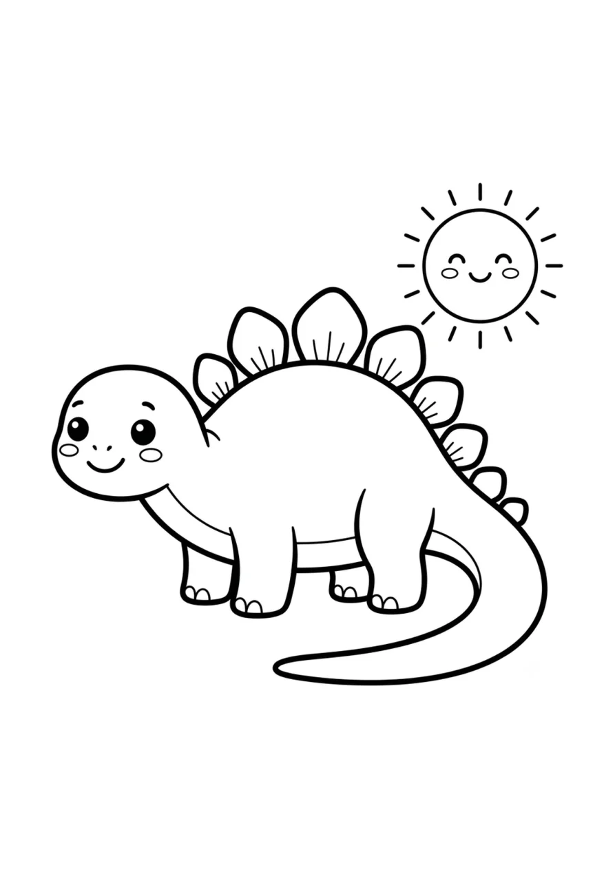 Bebé estegosaurio de pie bajo un único sol sonriente en una escena sencilla.