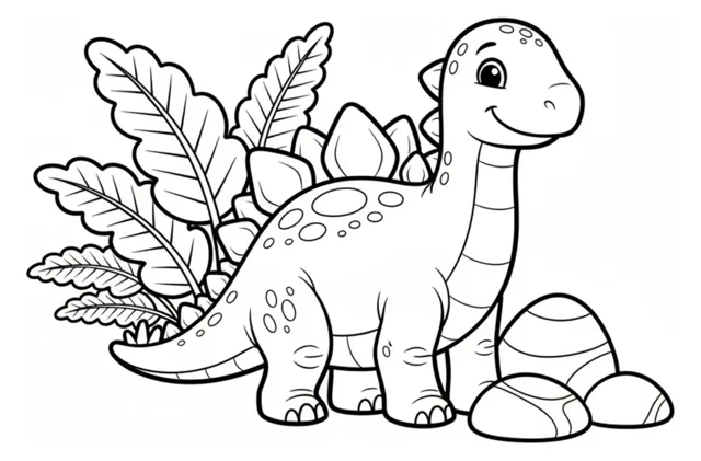 Un estegosaurio amigable de pie junto a hojas de helecho grandes y piedras redondeadas, dibujado con trazos simples y claros sobre fondo blanco.