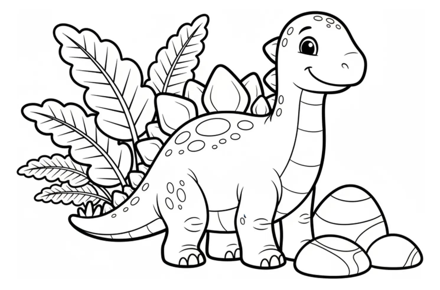 A friendly stegosaurus standing beside large fern leaves and rounded stones, drawn with simple clear outlines on a plain white background.