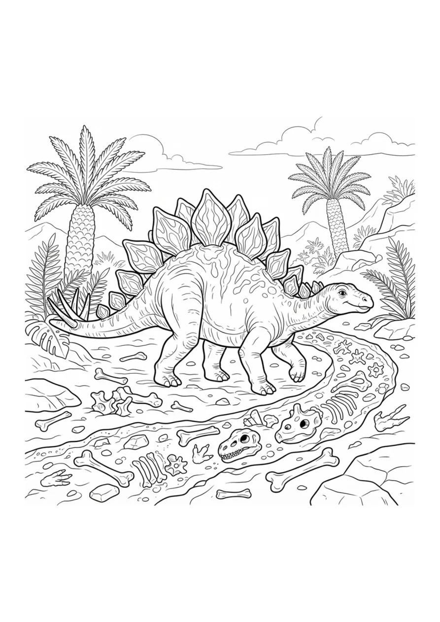 Stegosaurus with decorative back plates walking on a fossil trail surrounded by large dinosaur bones