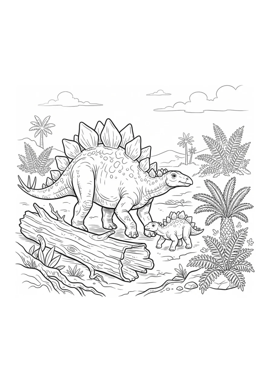 Bir kütüğün yanında duran yetişkin stegosaurus ve yavru stegosaurus
