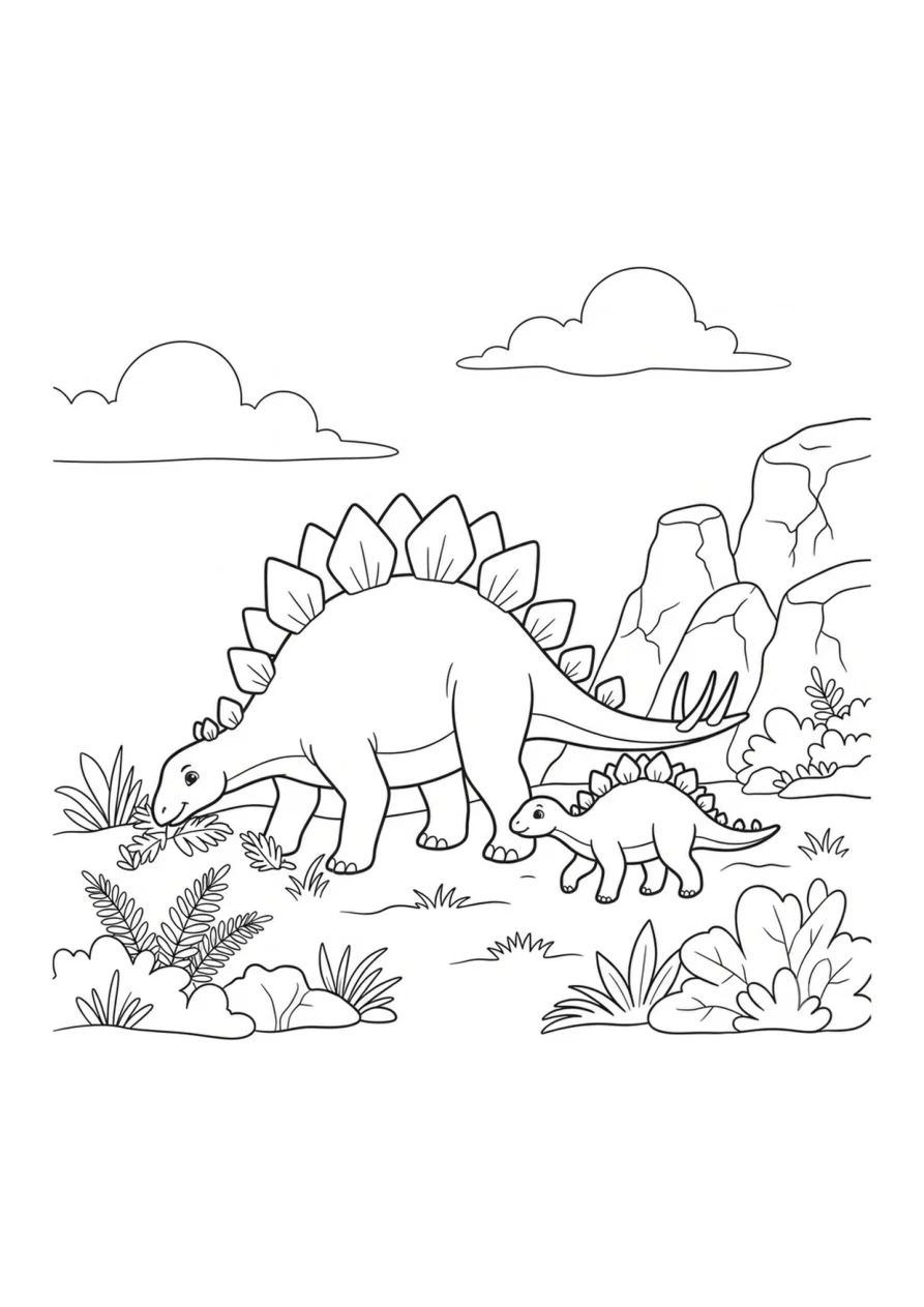 A Stegosaurus family standing near simple cliffs under a wide open sky
