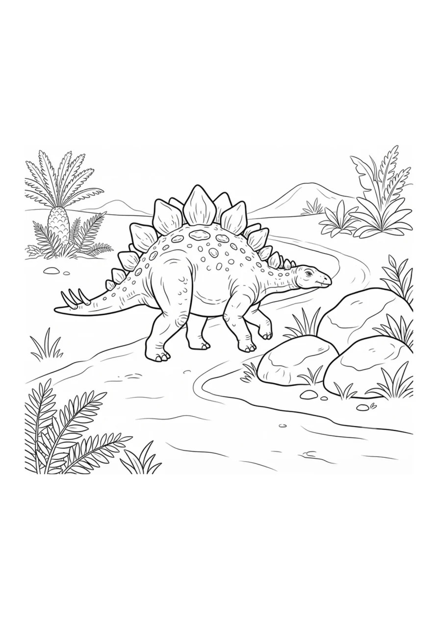 Stegosaurus walking on a hill path beside three rounded boulders, drawn as simple line art for coloring.
