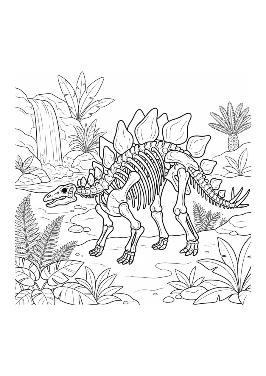Stegosaurus-Skelett neben einem sanften Wasserfall, umgeben von Farnen