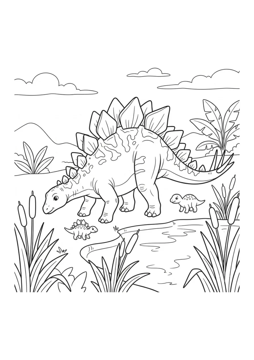 Stegosaurus steht an einem stillen Teich und zeigt seinen Stachelschwanz zwischen großen Schilfhalmen.
