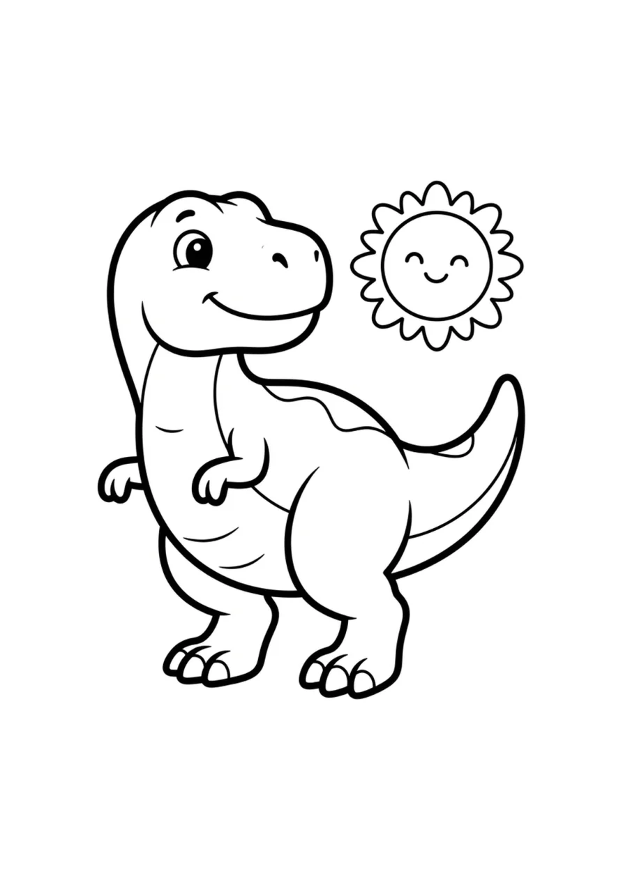 Un T-Rex curioso si trova sotto un solo sole sorridente in una scena essenziale.
