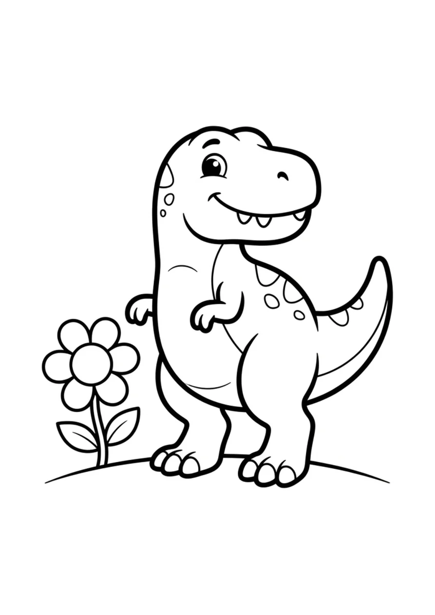 Freundliches T-Rex-Elterntier steht neben einer einzelnen Blume in einer einfachen Dinosaurierszene.