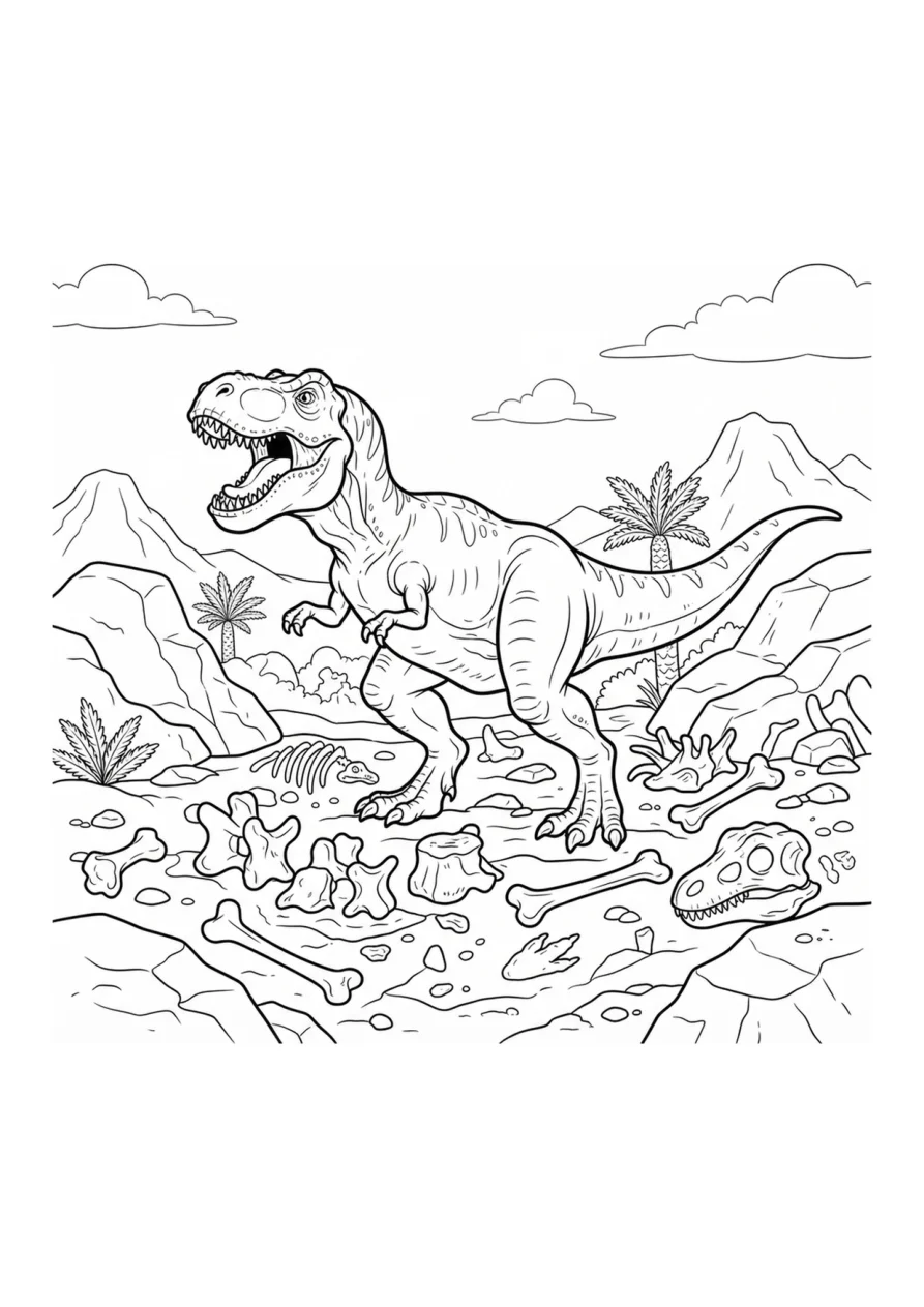 Brüllender Tyrannosaurus rex auf einem Fossilpfad mit großen Knochen